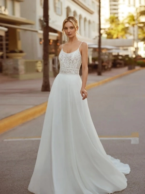 Robe de mariée princesse en mousseline de soie, ligne A, avec encolure ronde et dos ouvert