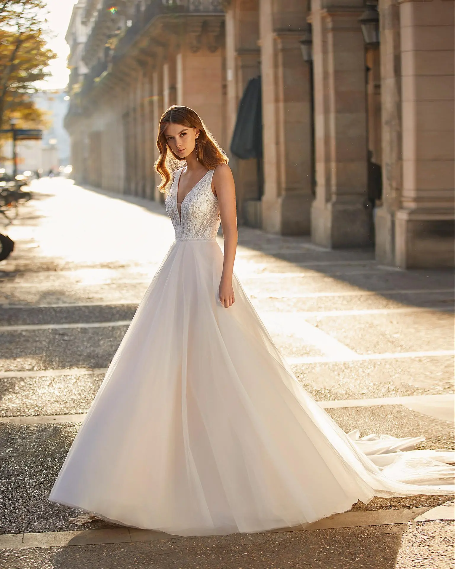 Robe de mariée princesse en tulle avec dentelle brodée et perles, décolleté profond et dos bas