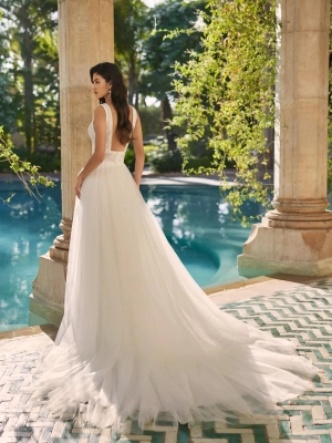 Robe de mariée princesse avec corsage en guipure et jupe en tulle, dos carré élégant
