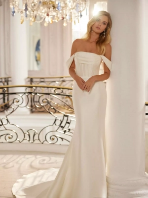 Robe de mariée STELLINE en mikado extensible, coupe sirène, avec bustier corseté et bretelles amovibles